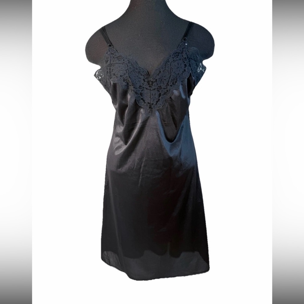 Vintage Vanity Fair Black Satin Lace Slip Dress Nightgown Size 34 Small